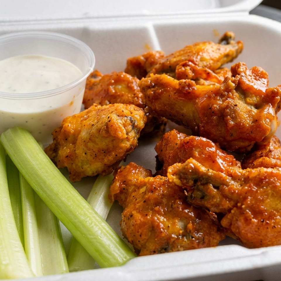 Buffalo chicken wings with celery sticks and ranch dipping sauce in a white takeout container.