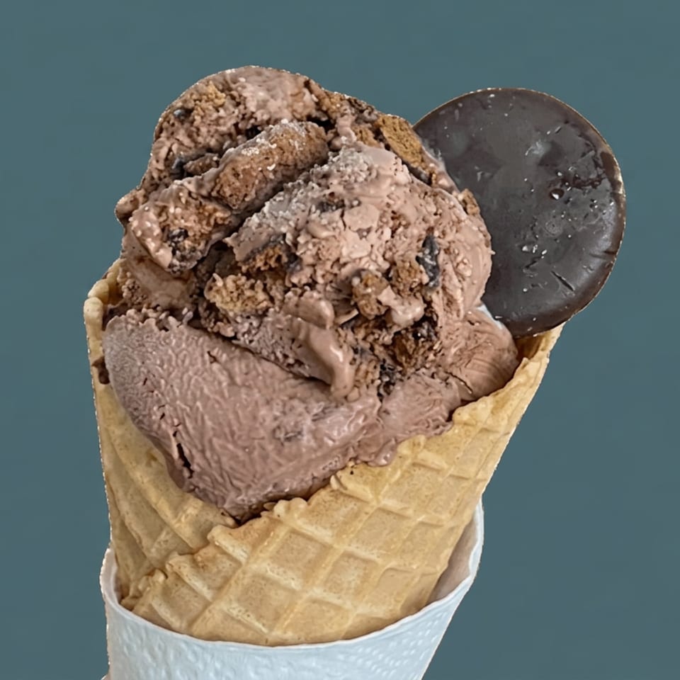 Chocolate ice cream topped with cookie pieces in a waffle cone and paper holder against a teal background.