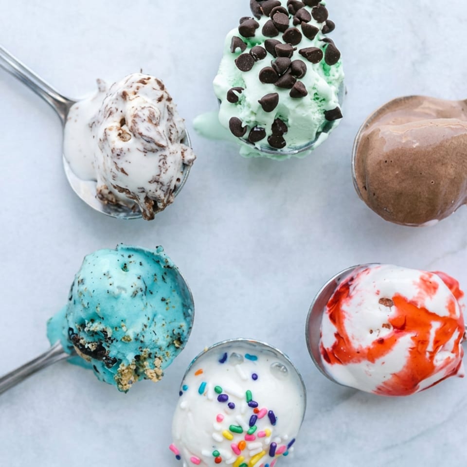 Six colorful ice cream scoops on spoons, including mint chocolate chip, chocolate, berry swirl, and rainbow sprinkles.