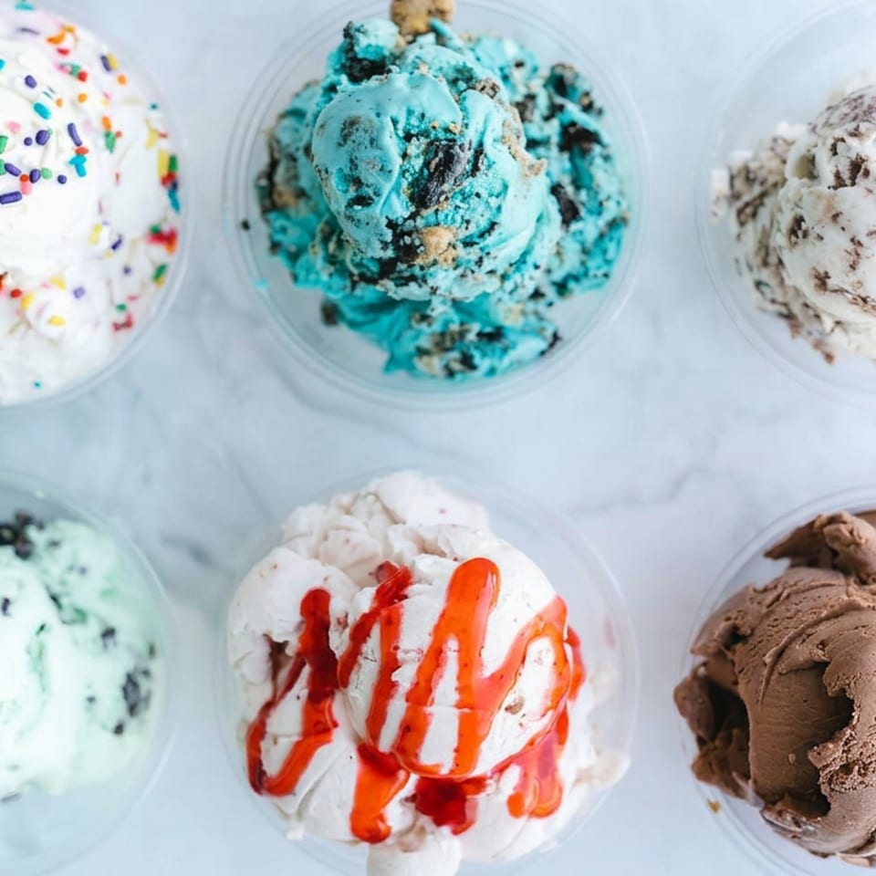 Six bowls of assorted ice cream flavors, including sprinkle-topped vanilla, blue chocolate-chip, mint, strawberry-swirled, and chocolate.