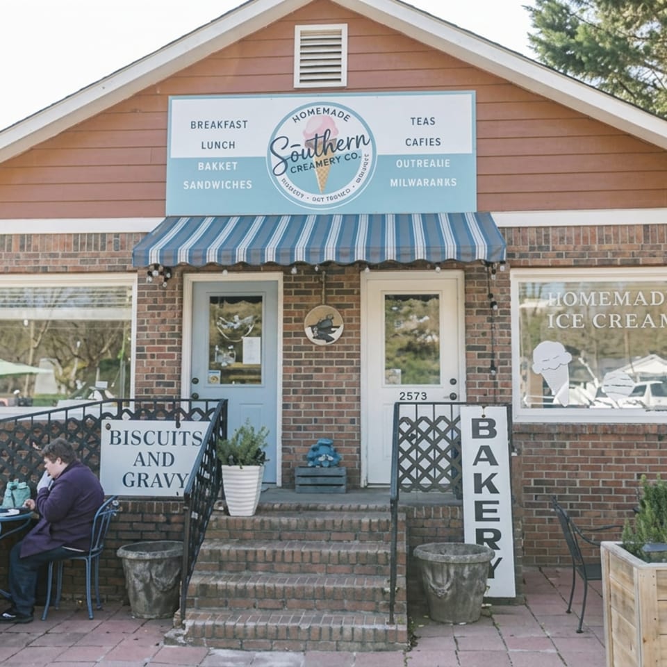 Southern Creamery storefront with blue awning, homemade ice cream signage, bakery sign, outdoor seating, and patrons dining.