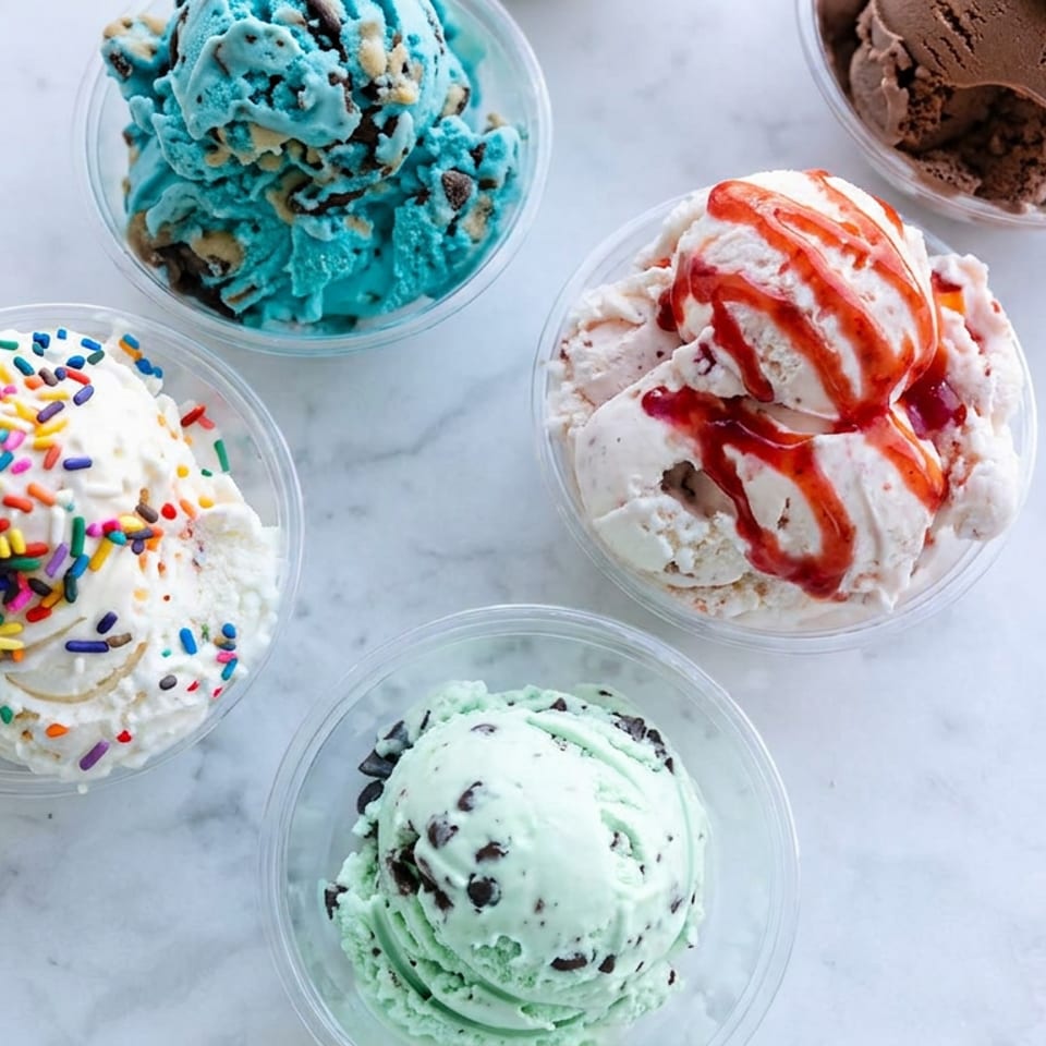 Five cups of colorful ice cream, including sprinkle-topped vanilla, chocolate, mint chocolate chip, blue cookie, and strawberry-swirled flavors.