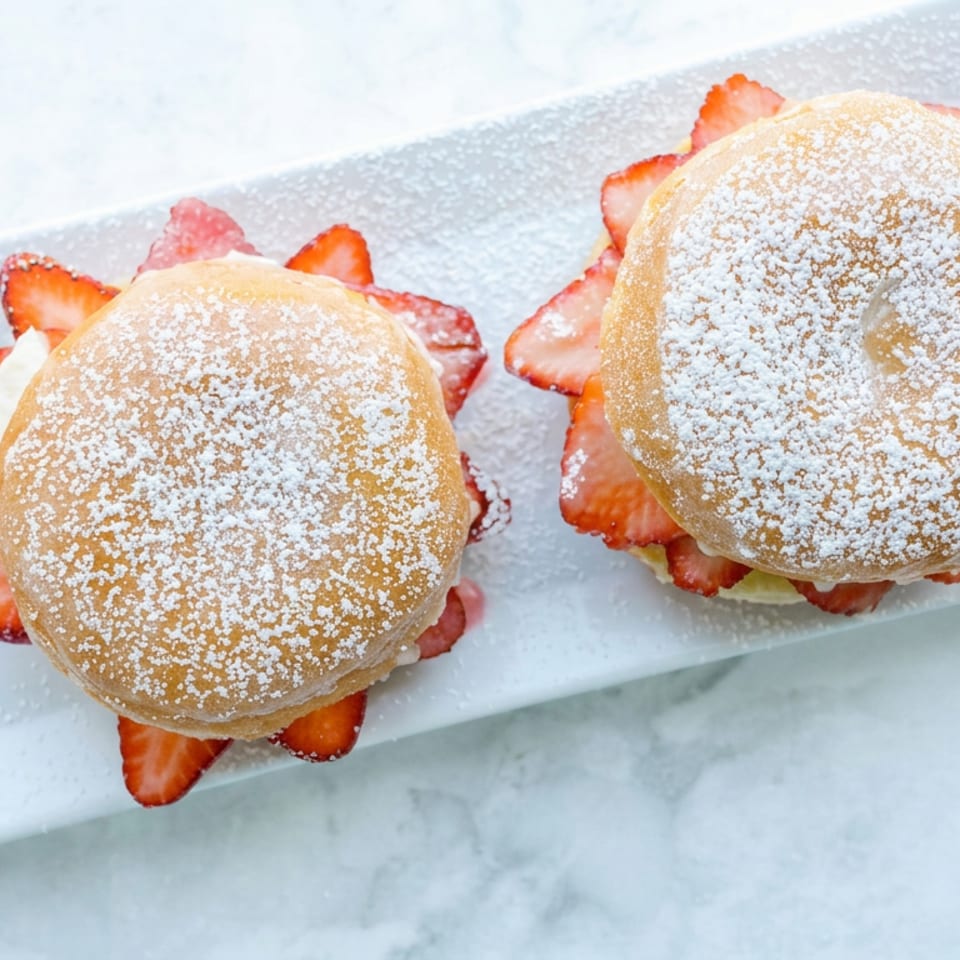 Two powdered sugar-dusted shortcakes filled with whipped cream and sliced strawberries on a white rectangular plate.