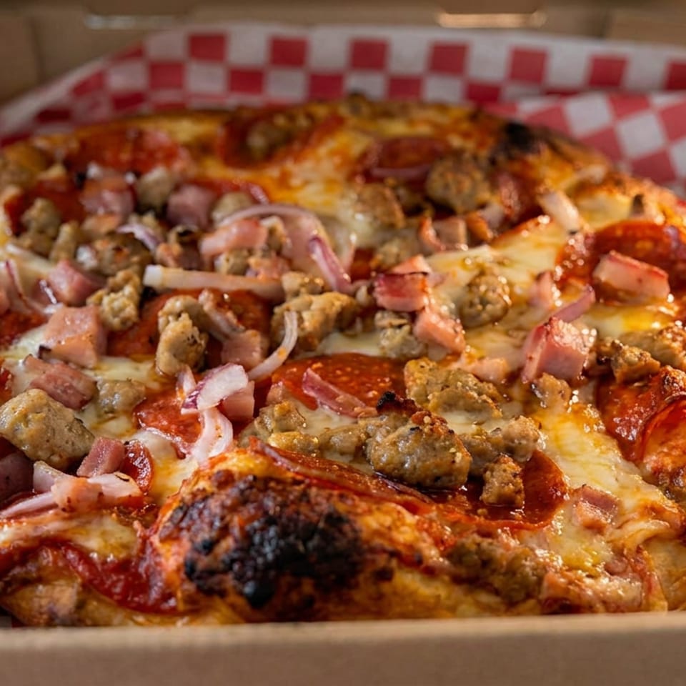Close-up of a loaded meat-lovers pizza with pepperoni, sausage, ham, onions, and melted cheese in a checkered-lined box.