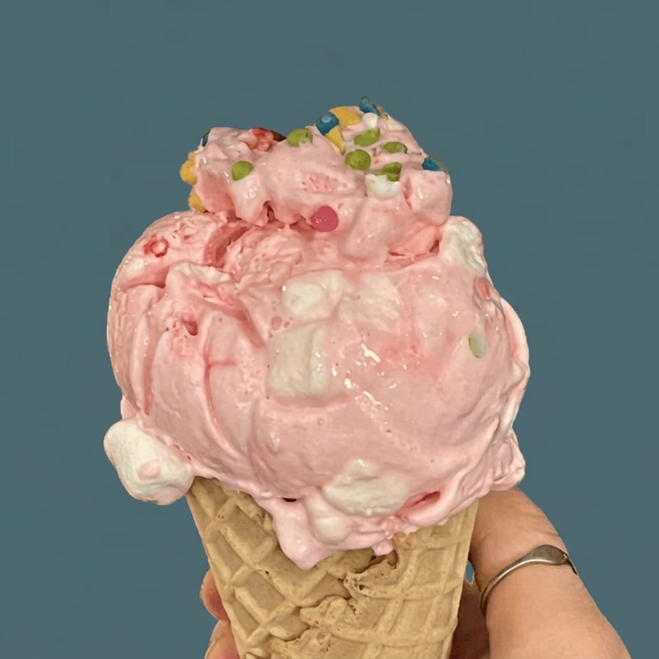 Hand holding a waffle cone piled high with pink ice cream, colorful candy pieces, and white marshmallow-like toppings.