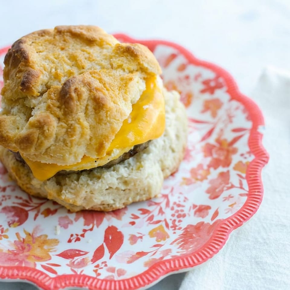 Cheddar cheeseburger on a rustic biscuit bun, served on a red floral plate beside a fork.