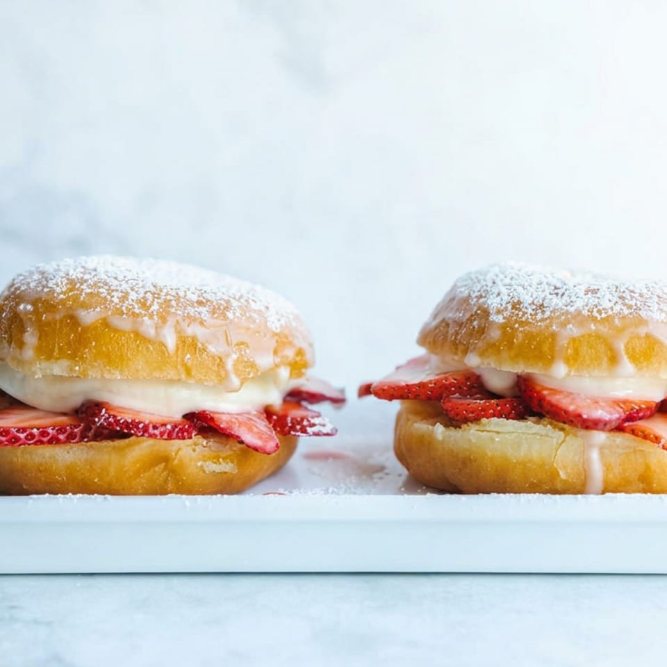 Two powdered sugar-glazed strawberry cream pastries arranged on a white serving board.