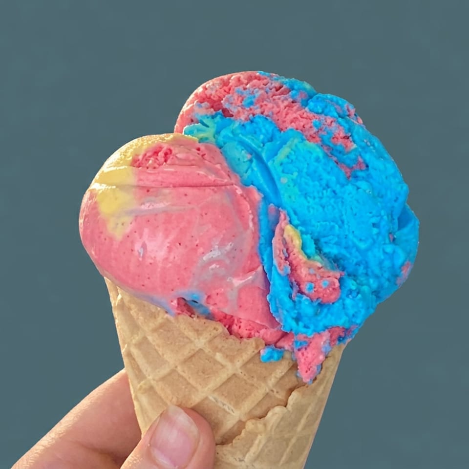 Hand holding a waffle cone topped with bright pink and blue scoops of ice cream against a dark teal background.